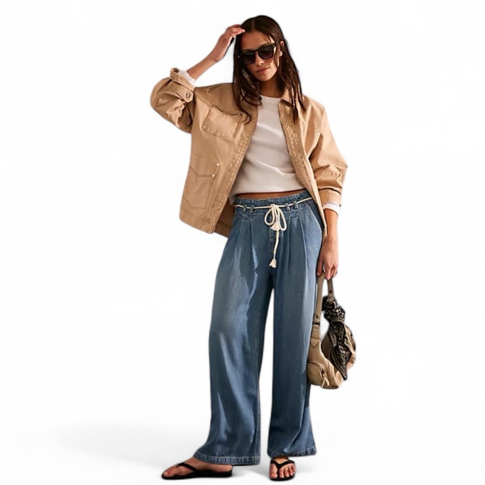 We The Free Wide Leg Drawstring Denim Pants - Light Blue